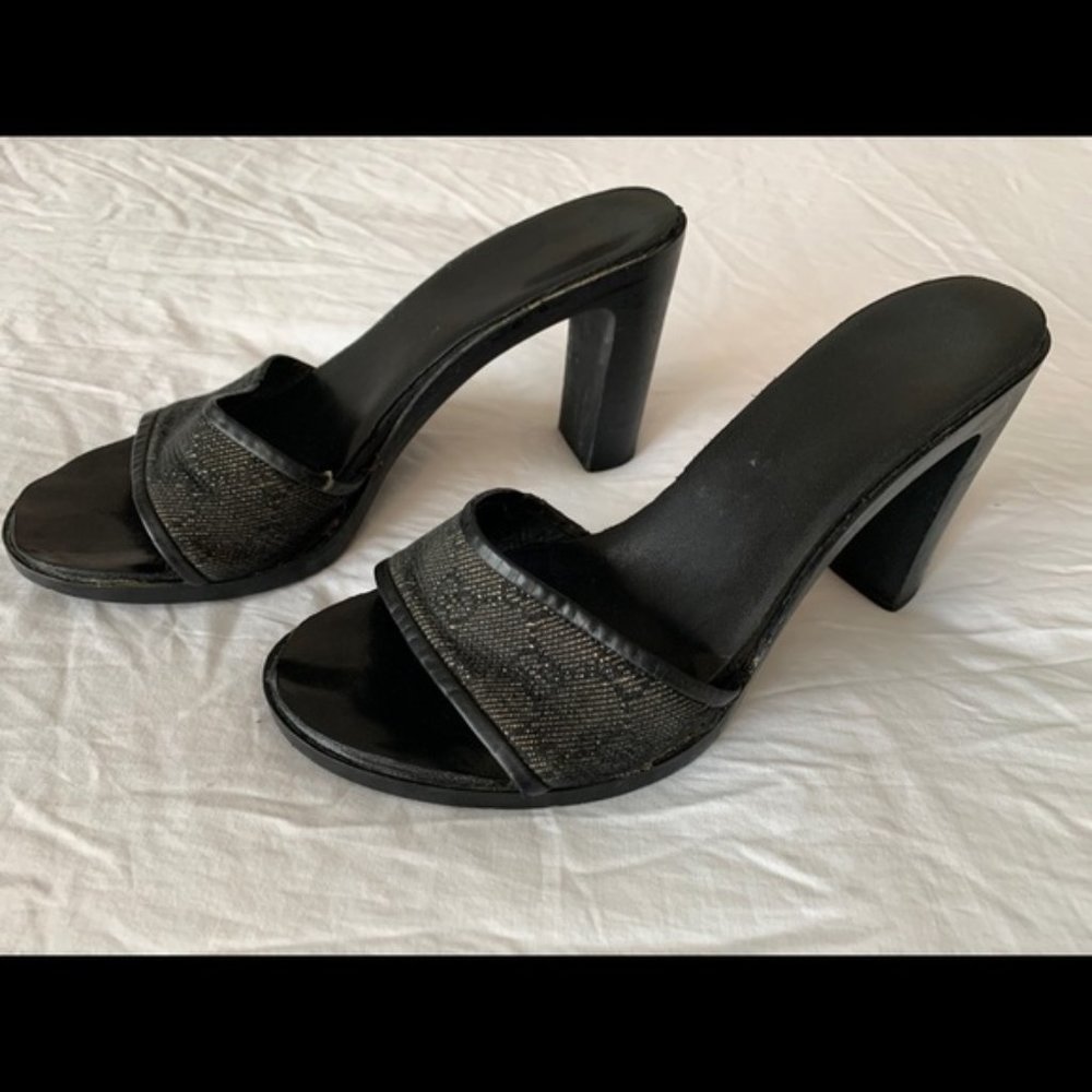 Black GUCCI GG Logo Stacked Heels Slides Sandals